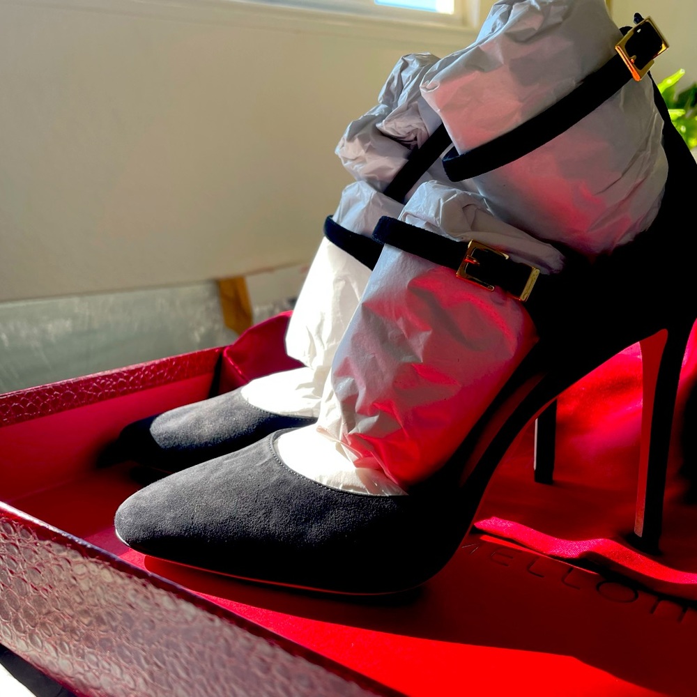 Tamara Mellon, Paramour black suede strappy mary Jane’s , new in box with bag